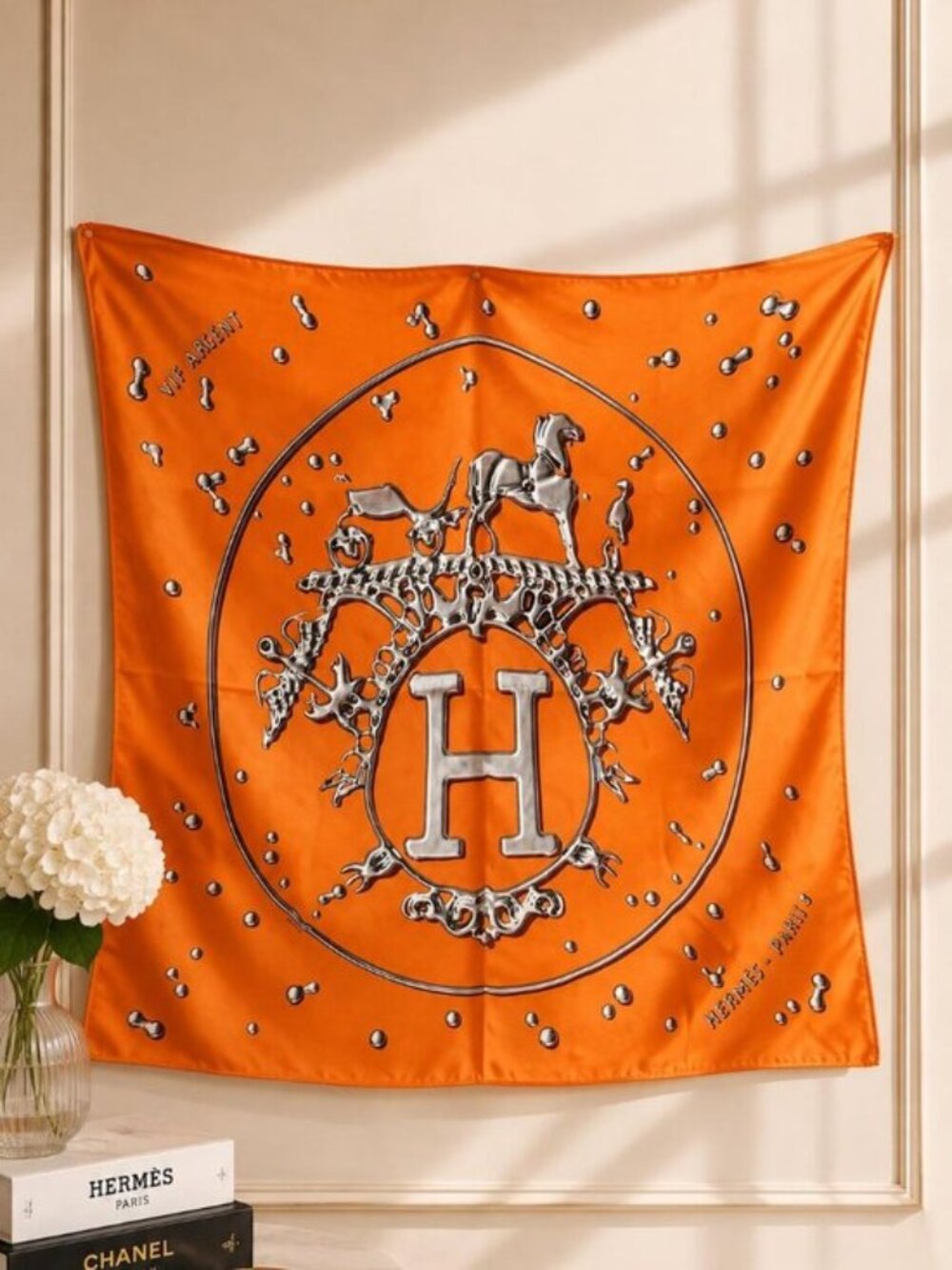 Hermès Paris Vive Argent Orange Silk Carré Scarf 90 Luxury Designer Authentic